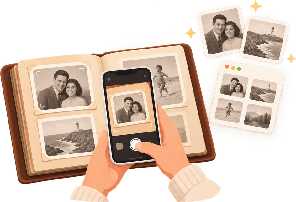 A hand photographing a physical photo album with a phone, turning it into a digital web album shared with family